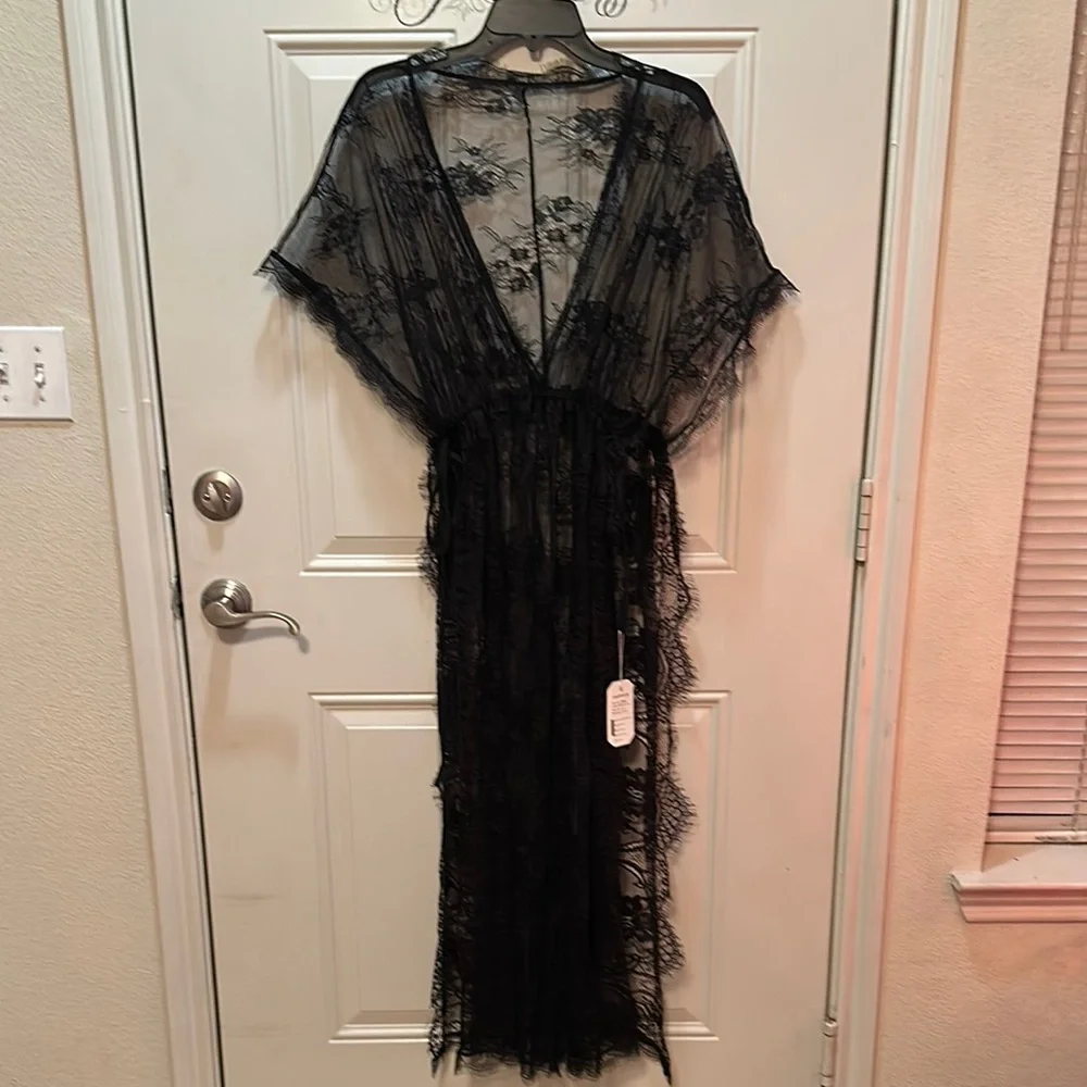 Vvbehot Sheer Black Lace Robe‎ with Deep V-Neck and Flowing Design